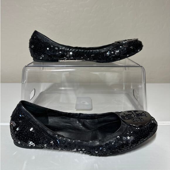 Tory Burch Black Leather Sparkle Sequin Logo Ballet Flats Size 6.5 - Picture 2 of 9